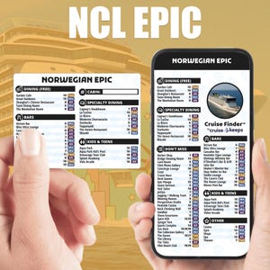 Puede incluir: Un teléfono inteligente muestra un menú del crucero Norwegian Epic. El menú detalla opciones de restaurantes, bares, actividades para niños y otras comodidades. El texto "Cruise Finder" también es visible.