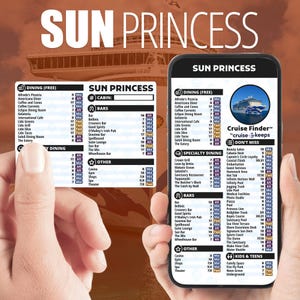 May include: A smartphone displays a cruise ship's deck plan for the Sun Princess, featuring dining, bars, and other amenities. The screen shows a detailed layout with various locations and times.