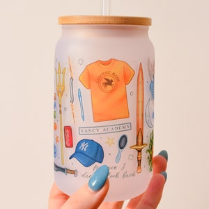 Percy Jackson Inspired Frosted Glass Cup | PJO Inspired | 12oz White Soda Can Cup | Washable | Gift Ideas | Annabeth Chase | Camp Half Blood