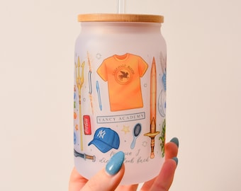 Percy Jackson Inspired Frosted Glass Cup | PJO Inspired | 12oz White Soda Can Cup | Washable | Gift Ideas | Annabeth Chase | Camp Half Blood
