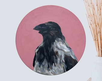 ORIGINAL Hooded Crow bird oil painting artwork on round wooden panel circle canvas art wildlife artist small handmade gift