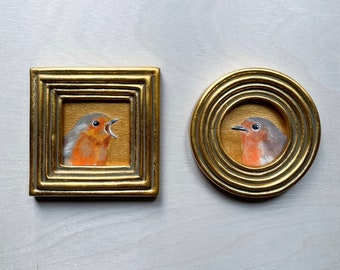 Mini gold Robin bird painting original oil paint artwork framed round circle square tiny frame