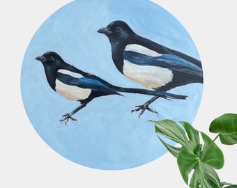 Magpie bird oil painting on wooden panel round circle canvas wall art wildlife artist artwork bird watching