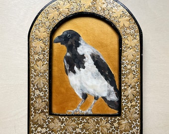 Hooded crow bird gold painting original oil paint artwork framed antique vintage black leaf arched frame