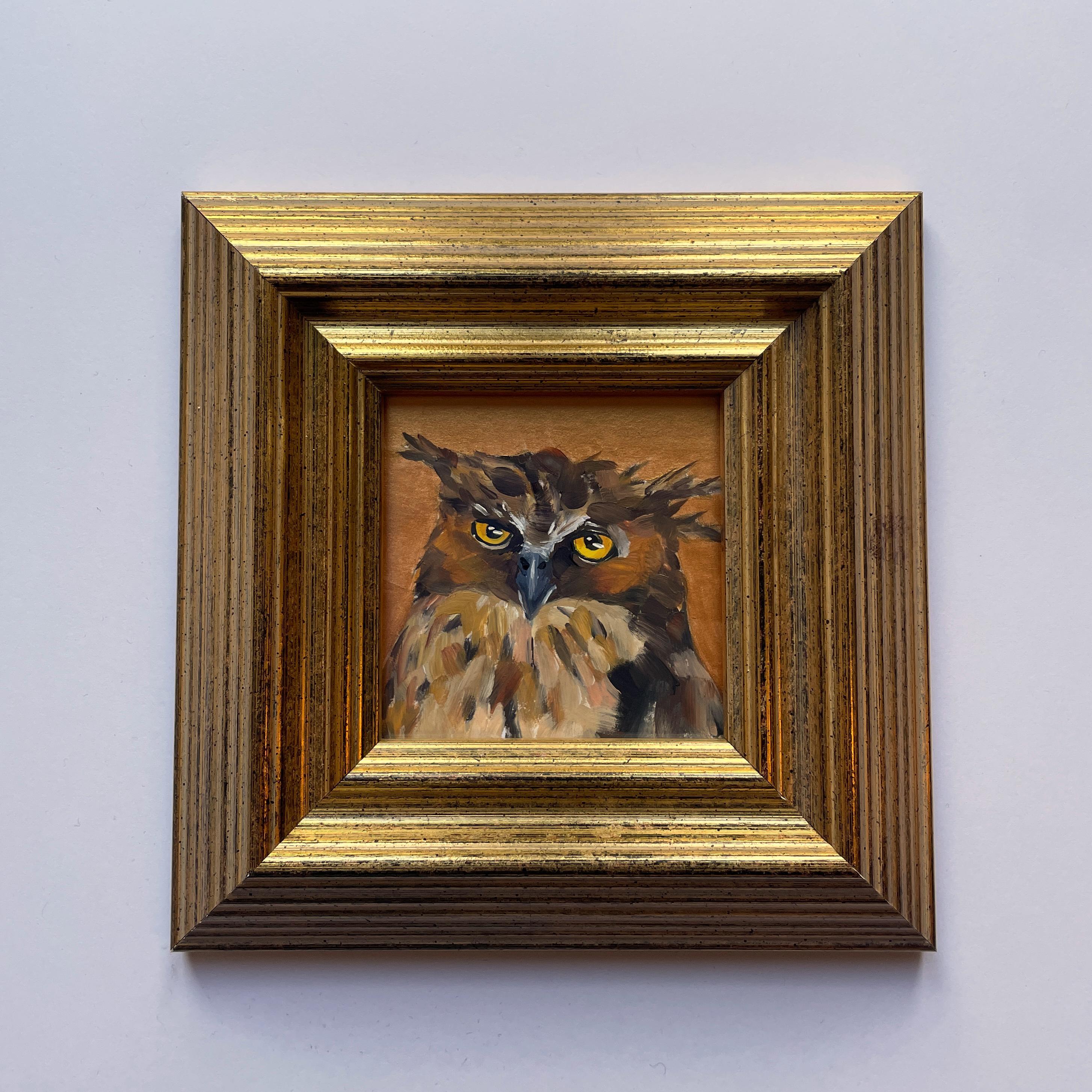 Framed Great Horned Owl painting original hand painted oil paint artwork in ornate vintage gold squa