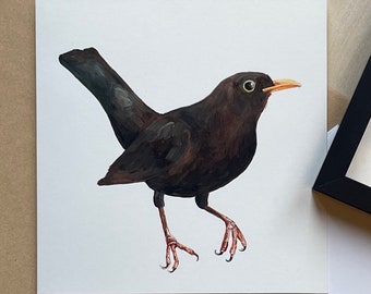 Hand Painted Original Artwork Blackbird Art Oil Painting Handmade Blank Note Greeting Card (NOT A PRINT)