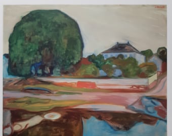 May include: A painting by Edvard Munch titled "The House by the River" depicts a green tree, a white house, and a river reflecting the scene. The painting is done in a style that is characteristic of Munch's work, with bold colors and expressive brushstrokes.