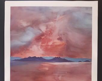May include: A watercolor painting of a desert landscape with a lake in the foreground. The sky is a vibrant red and orange, with clouds in the background. The mountains in the distance are a dark purple. The painting is signed "grazion/Kenya 1982" in the lower right corner. The text "Lake and Deserts of Turkana, Graziani, National Museum of Kenya, Nairobi/May 1982" is printed below the painting.