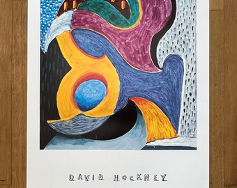 Può includere: Stampa d'arte astratta con un design colorato e vorticoso in tonalità di blu, giallo, verde, viola e nero. La stampa è firmata "DAVID HOCKNEY" al centro in basso.