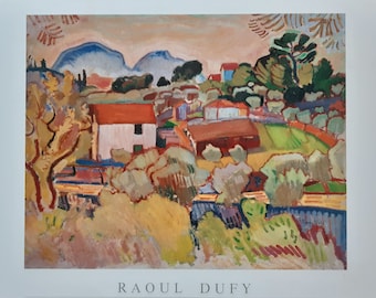 May include: A colorful painting by Raoul Dufy titled "La Riviere" depicting a landscape with a village, trees, and mountains in the background. The painting is done in a style that is reminiscent of Fauvism, with bold colors and simplified forms.