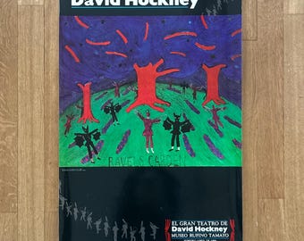 May include: A poster advertising an exhibition of David Hockney's work at the Museo Rufino Tamayo in Mexico City. The poster features a colorful painting of a forest scene with red trees and black figures. The text on the poster reads "El Gran Teatro de David Hockney, Museo Rufino Tamayo, Febrero-Abril de 1994, Mexico, D.F."