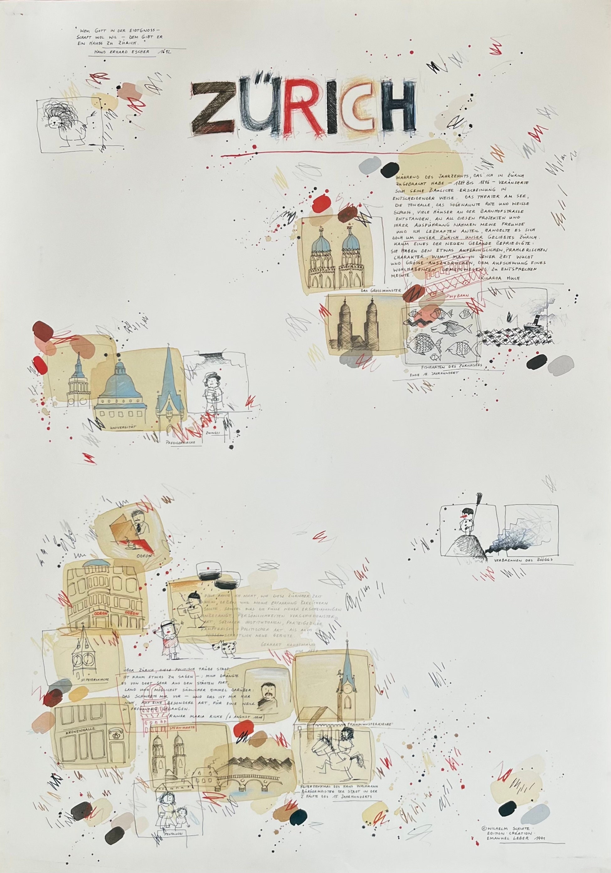 【セール】ドイツイラストレーター Wilhelm Schlote インテリア Wilhelm Schlote NEW YORK HAND SIGNED LARGE Comical LITHOGRAPH