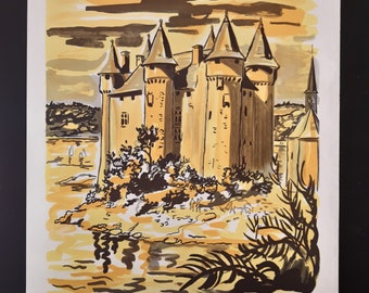 May include: A vintage poster advertising an art exhibition at Chateau de Val in Lanobre, Cantal, France. The poster features a watercolor illustration of the castle with a river in the foreground and the text "Yves Brayer" and "Du 21 Juin au 16 Septembre 1974".