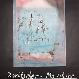 May include: A black and white poster advertising an exhibit of Paul Klee's work at the Kunstmuseum Bern. The poster features a watercolor painting of a whimsical scene with birds and a line drawing of a boat. The text on the poster reads "Zwitscher-Maschine" and "25. SEPTEMBER 1987 - 3. JANUAR 1988".