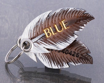 Double Eagle Feather Leather Dog Tag with Name ID for Collar - Customised Natural Tooled Leather