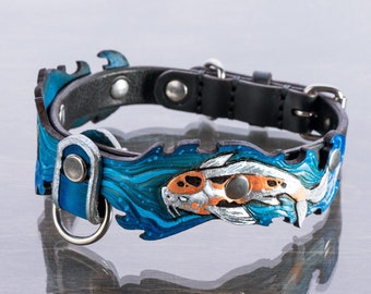 Japanese Koi Leather Dog Collar with Stainless Steel Hardware