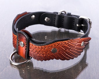 Leather Dog Collar With Wings, Hand Made, Thick, Waterproof, with Stainless Steel