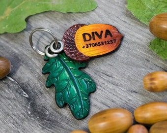 Acorn and Oak Leaf Dog Tag Name ID for Collar - Customised Natural Tooled Leather