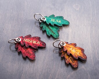 Oak Leaf Double Dog ID Name Tag with Phone Number for Collar - Natural Genuine Leather Brown, Red and Green