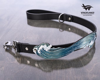Handmade Leather Traffic Lead with Ocean Waves, Thick, Strong Dog Leash with Stainless Steel, Hardware