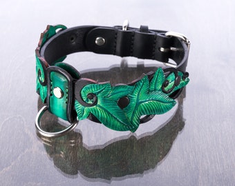 Lord of the Rings leather dog collar with Leaves of Lorien, thick, waterproof with  stainless steel