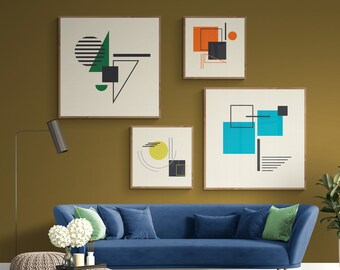 Ensemble de 4 affiches Bauhaus, téléchargement numérique, art mural abstrait, décoration de bureau minimaliste, impression Bauhaus, affiches carrées, contemporain