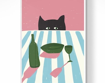 Schwarze Katze mit Wein Poster: Rosa Küche Dekor Wand Kunst (Digitaler Download)
