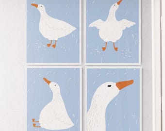 Dummer Gans Drucke: 4er-Set, süße Tiere Kunst, digitaler Download, Cottage Core Dekor