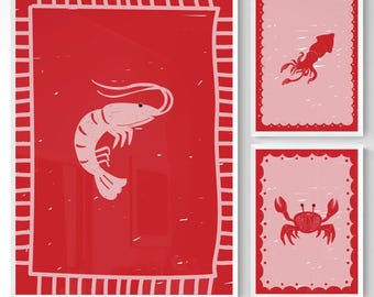 Garnelen-Krebs-Tintenfische 3er-Set Prints: Pink-Rote Wanddekoration (Digitaler Download)
