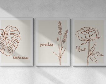 Boho Botanical Line Art Print: 3er Set, Selbstfürsorge Zitate, Zen Yoga Raum Dekor (PDF Download)