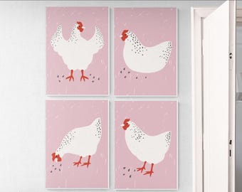 4er Set Hühner Art Prints: Bauernhaus Landhaus Dekor rosa (digitaler Download)