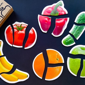 Play food puzzle set included 6 different realistic fruits & veggies, each of which consist from 3 pieces. 
Magnets are in different size printed on the papper and has a magnetic back that can move easily.