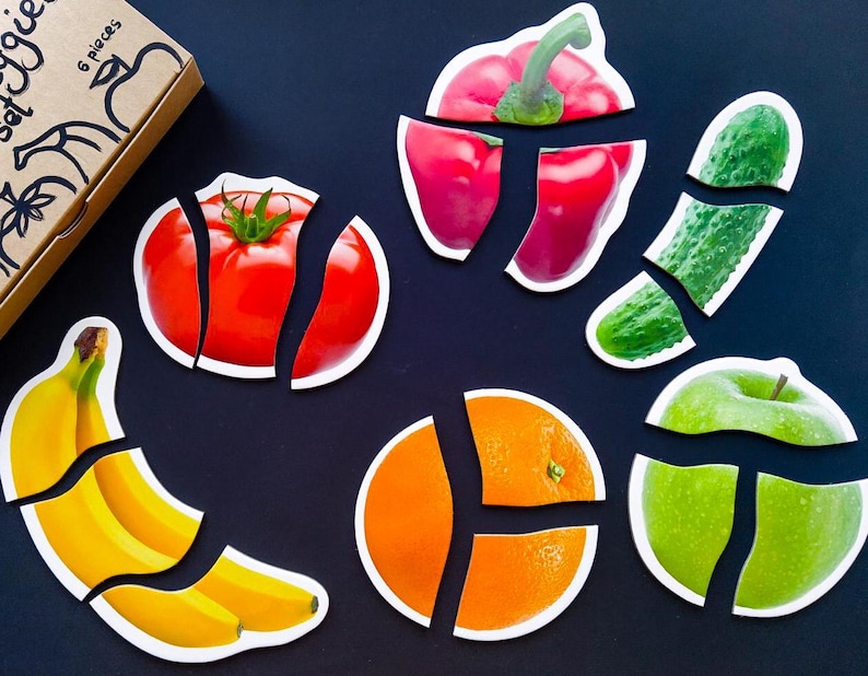 Play food puzzle set included 6 different realistic fruits & veggies, each of which consist from 3 pieces. 
Magnets are in different size printed on the papper and has a magnetic back that can move easily.