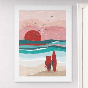 Impresión de gato surfeando, arte mural de atardecer en California, descarga digital, póster imprimible del océano, impresión de playa, decoración costera, arte mural moderno