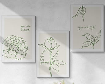 Minimalistische Pfingstrose Line Art Prints Set: Boho Botanische Affirmation Dekoration (PDF-Download