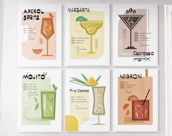 Cocktail Rezept Prints: Aperol Spritz, Mojito, Negroni Barwagen Art, 6er Set (Digitaler Download)