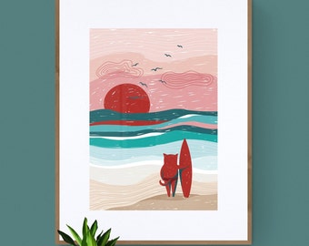 Surfing Cat Print, druckbare Ocean Poster, digitaler Download, Sonnenuntergang Wandkunst, Stranddruck, Küstendekor, moderne Wandkunst, Surfdekor