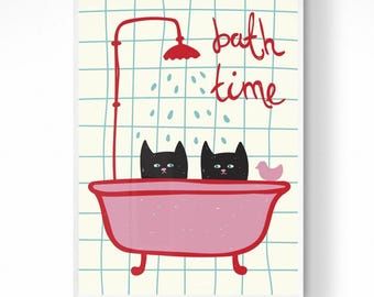 Zurück Katzen in der Badewanne, Wand Kunst Print: Romantisches Poster für Badezimmer (Digitaler Download)