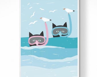 Schnorchelnde schwarze Katze Druck: Scuba Diving Art, wunderliches Tier Badezimmer Dekor (Digitaler Download)