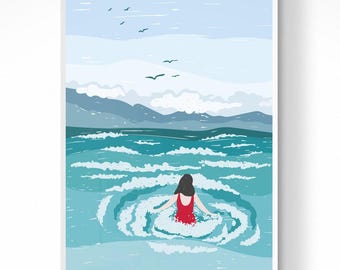 Luftbild Frau im Meer Strand Poster: Sommer am Meer, Küsten Kunst (digitaler Download)