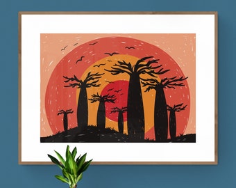 Baobab Bäume Druck, Afrika Reise Poster, Madagaskar druckbare Plakat, Digital Download, moderne Wohnkultur, Landschaftsdruck, Sonnenuntergang Wandkunst