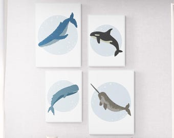 Wal Kinderzimmer Druck 4er Set: Orca, Narwal, Buckelwal, Cachalot (Digitaler Download)