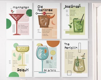 Cocktail Art Prints: Old fashioned, Manhattan, Basil Smash, Daiquiri, Gin&Tonic, Penicillin - Bar Dekor Set (6 Stück)