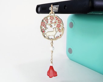 Cat and Red Flower Cell Phone Charm, Cat and Red Flower Dust Plug, UV Resin Cell Phone Charm, USB C Dust Plug, iPhone Dust Plug