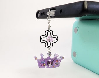 Purple Crown Cell Phone Charm, White Rabbit Dust Plug, UV Resin Cell Phone Charm, USB C Dust Plug, iPhone Dust Plug