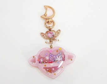 Pink Planet Saturn Shaker Charm, Kawaii Planet Shaker Charm, UV Resin Heart Shaped Planet Purse Charm