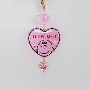 Charlie Brown Heart Shaped Purse Charm, Kawaii Cartoon Key Charm, UV Resin Charlie Brown Bag Charm image 1