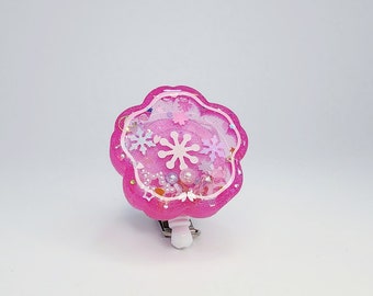 Romantic Sakura Shaker Badge Reel, Magenta Sakura Retractable Badge Reel, Japanese Sakura ID Badge Holder, UV Resin Badge Reel