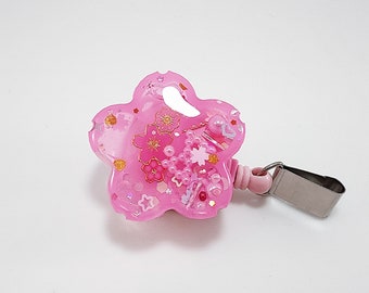 Small Sakura Shaker Badge Reel, Pink Sakura Retractable Badge Reel, Japanese Cherry Blossom ID Badge Holder, UV Resin Badge Reel