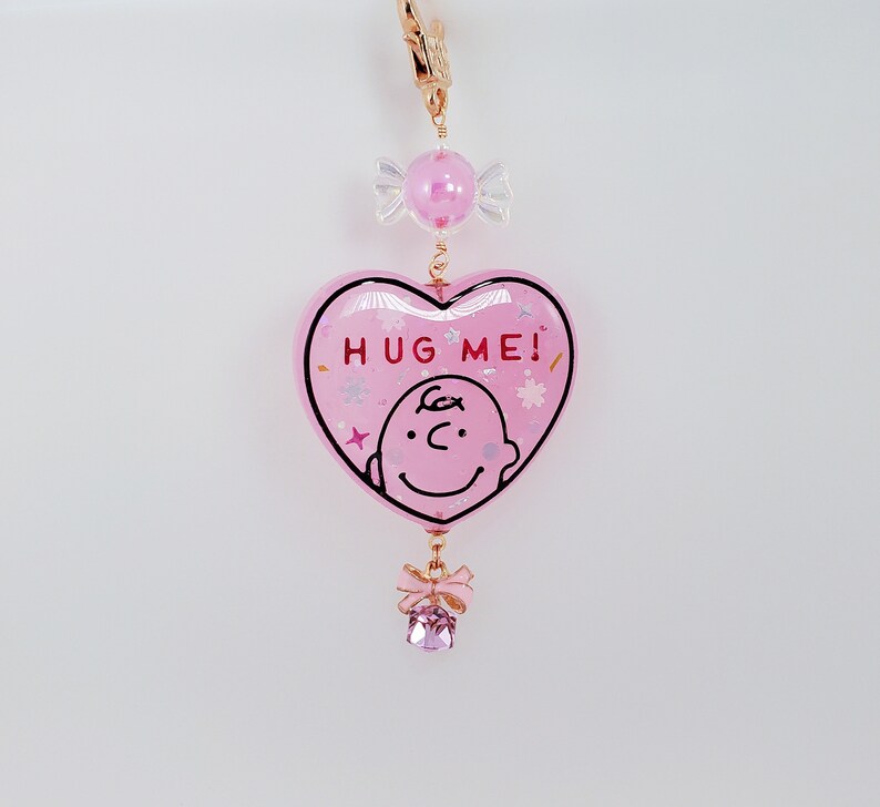 Charlie Brown Heart Shaped Purse Charm, Kawaii Cartoon Key Charm, UV Resin Charlie Brown Bag Charm image 1